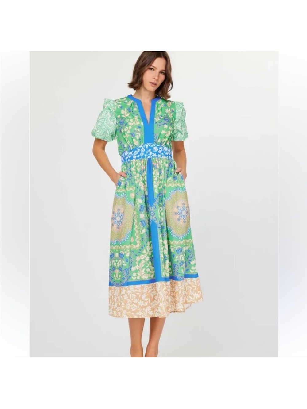 NEW Current Air Green and Blue Patchwork Floral Midi Dress Puff Sleeve Small